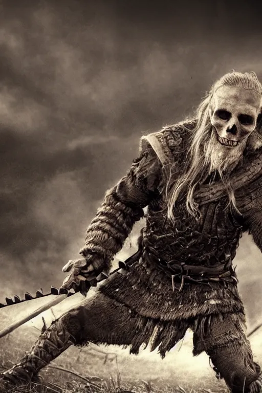 Image similar to realistic photograph of a skeleton viking man in the middle of battle, highly detailed, cinematic, portrait, close - up,