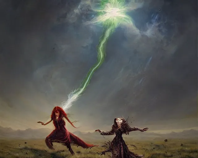 Image similar to sorceress casting powerful meteor spell in the plains. highly detailed painting by seb mckinnon 8 k