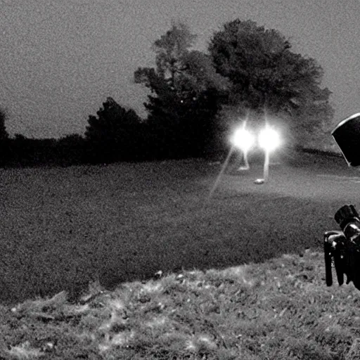 Prompt: black and white trail cam footage at night of queen elizabeth with a bazooka