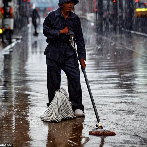 Image similar to closeup portrait of a cleaner with a mop fighting puddles in rainy new york street, by Steve McCurry and David Lazar, natural light, detailed face, CANON Eos C300, ƒ1.8, 35mm, 8K, medium-format print