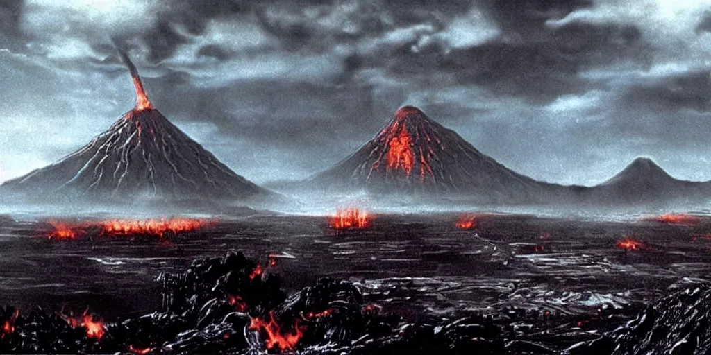 Image similar to lord of the rings movie still, directed by ridley scott in the style of h. r. giger, landscape of mordor with mount doom erupting in the background and barad - dur in the foreground, dark, cinematic, cinemascope