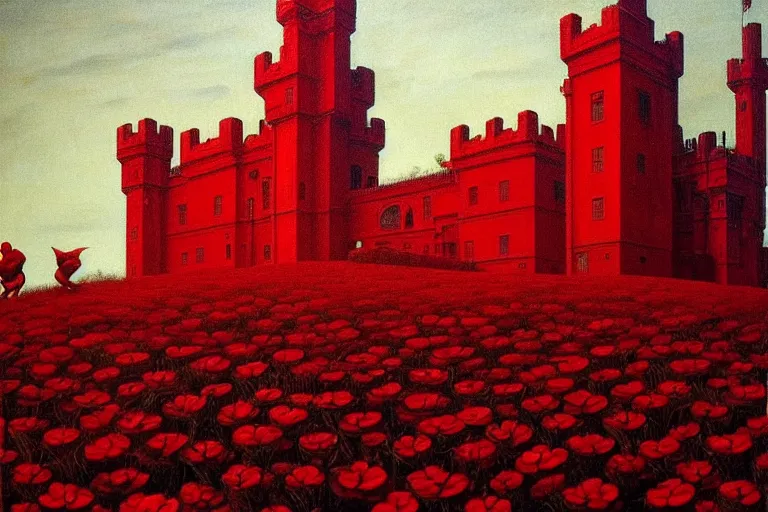 Image similar to only with red, red flowers of different types, red castle in background, red medieval goblins, in the style of beksinski, parts by edward hopper, parts by rodcenko, parts by yue minjun, intricate and epic composition, red by caravaggio, insanely quality, highly detailed, masterpiece, red light, artstation, 4 k