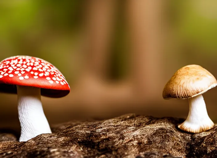 Image similar to a a cute creature sitting next to a mushroom, realistic, very detailed, complex, intricate, studio lighting, superres sharpening, bokeh, sigma 5 0 mm f 1. 4