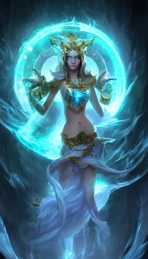Prompt: goddess of illusion, beautiful, stunning, breathtaking, mirrors, glass, magic circle, magic doorway, fantasy, mist, bioluminescence, hyper - realistic, unreal engine, by league of legends concept artists