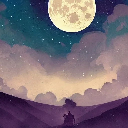 Image similar to night landscape with big moon on background, acrilic paint, digital, artstation, detailed intricate ink illustration, heavenly atmosphere, digital art, overdetailed art, concept art, complementing colors, trending on artstation, cgstudio, the most beautiful image ever created, dramatic, subtle, details, award winning artwork, beautiful scenery