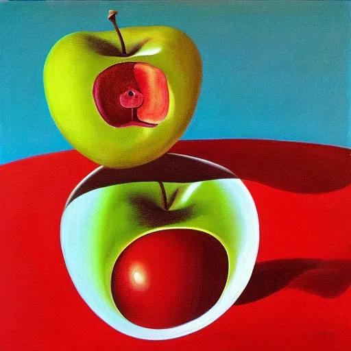 Image similar to a surrealistic painting of an apple surrounded by mirrors pointed at the apple