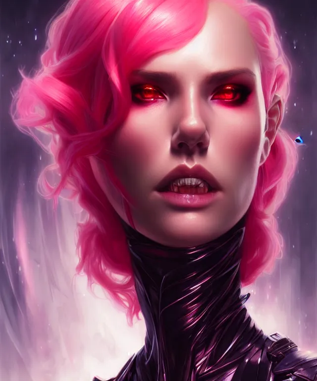 Image similar to futuristic vampire portrait, sci-fi, fire eyes, face, short pink hair, fantasy, intricate, elegant, highly detailed, digital painting, artstation, concept art, smooth, sharp focus, illustration, art by artgerm and greg rutkowski and alphonse mucha