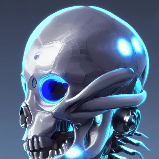 Image similar to a cyborg futuristic detailed alien skull with eyes that are holograms into an alien world. 3D render trending on artstation. Concept art octane.