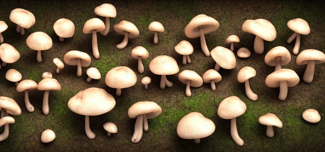 Image similar to 3 d study of a bunch of mushrooms in the forest, photorealistic, detailed, octane