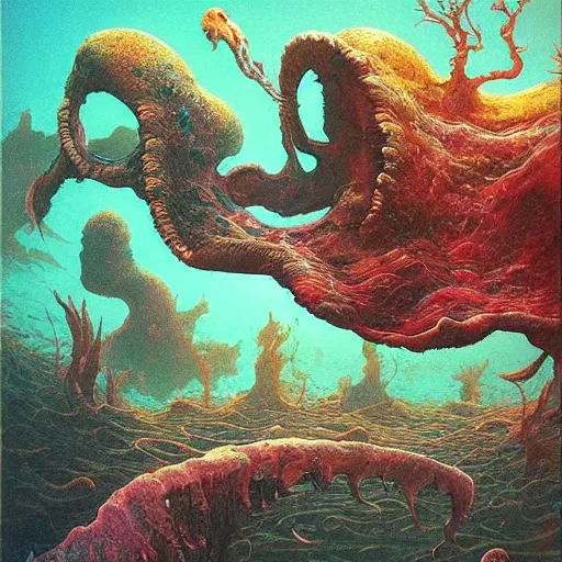 Prompt: underwater landscape, fluid, smooth, organic, crazy, bright colours, high contrast, sharpness, beautiful, peaceful, very detailed, intricate, by giger and corben and moebius and beksinski and bosch and bacon