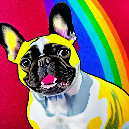 Prompt: rainbow excited smiling french bulldog using a computer. pop art.