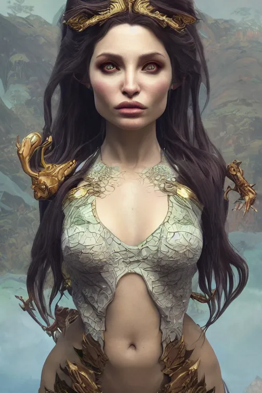 Image similar to highly detailed 8 k render of a beautiful half - dragon, half - anelina jolie creature in style of greg rutkowski and alphonse mucha trending on artstation made in unreal engine 4