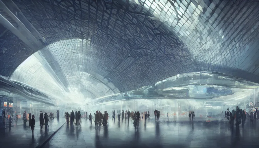 Prompt: futuristic megastructure metro station interior, light, shadows, reflections, epic composition, intricate, elegant, volumetric lighting, digital painting, highly detailed, artstation, sharp focus, illustration, concept art, ruan jia, steve mccurry