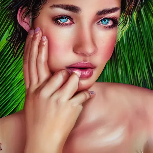 Image similar to gorgeous female photo, professionally retouched, soft lighting, chest covered with palm leaves, realistic, smooth face, perfect eyes, wide angle, sharp focus on eyes, 8 k high definition, insanely detailed, intricate, elegant, oil painting art by omar ortiz