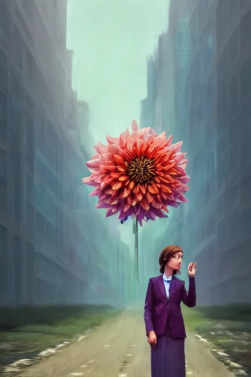 Image similar to giant dahlia flower head, frontal, girl in a suit, standing in street, surreal photography, sunrise, dramatic light, impressionist painting, digital painting, artstation, simon stalenhag