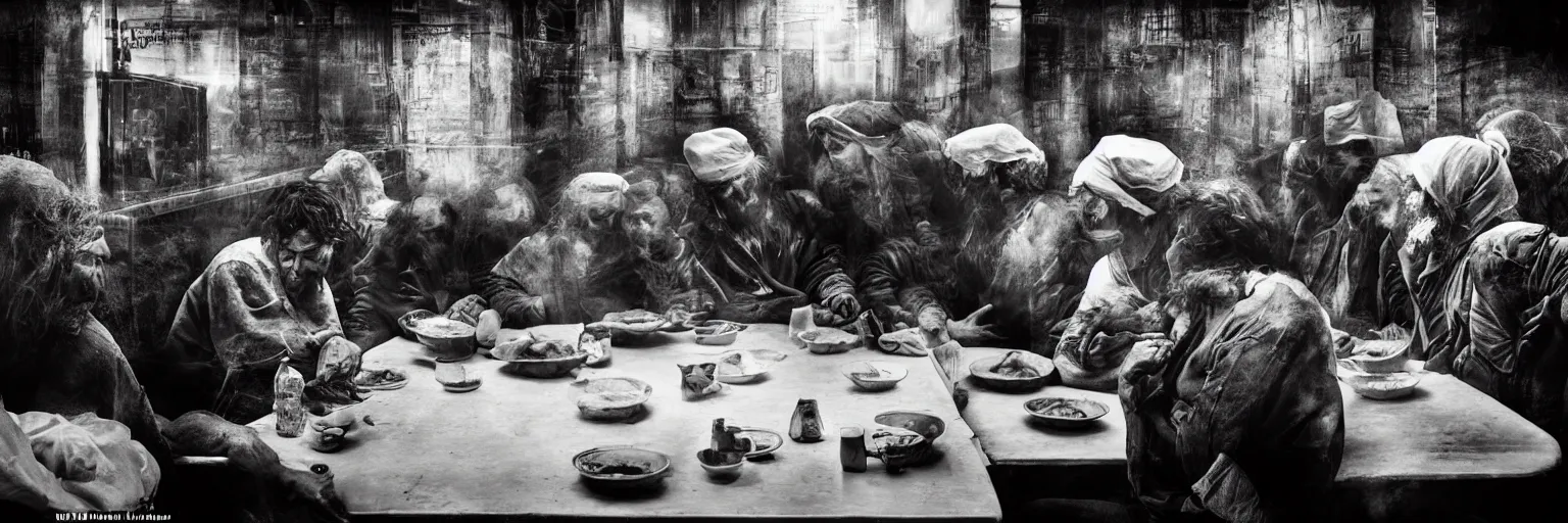 Image similar to Award Winning Editorial wide-angle picture of a Tramps in a new York Soup Kitchen by David Bailey and Lee Jeffries, called 'The Last Supper', 85mm ND 5, perfect lighting, gelatin silver process