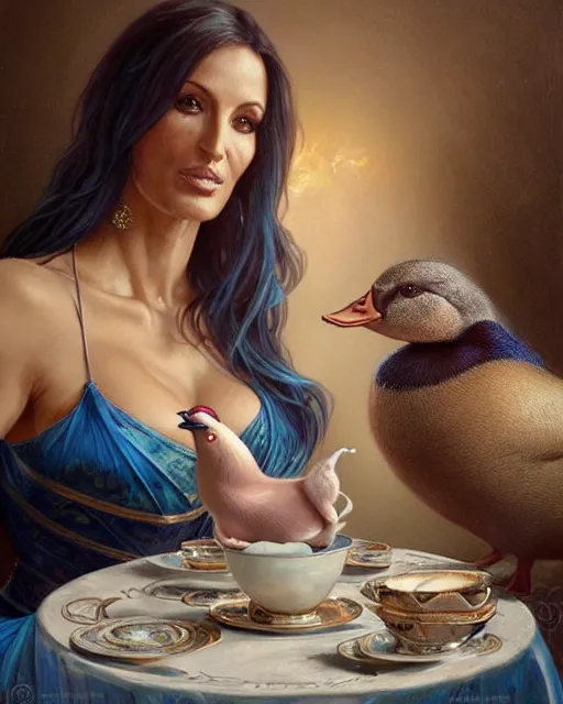 Image similar to Portrait of Jodie Marsh & a mallard & a pig having tea at the Ritz, real life skin, intricate, elegant, highly detailed, artstation, concept art, smooth, sharp focus, art by artgerm and greg rutkowski and alphonse mucha