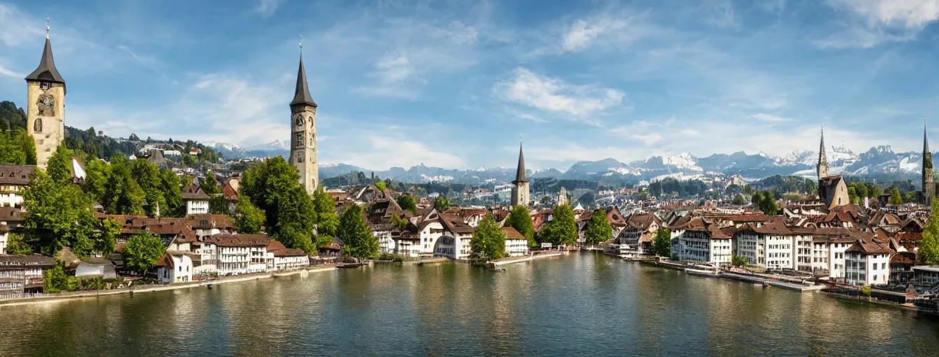 Image similar to Photo of Zurich, looking down the Limmat at the lake and the alps, Hardturm, Grossmünster, Lindenhof, Üetliberg, wide angle, volumetric light, hyperdetailed, light blue water, artstation, cgsociety, 8k