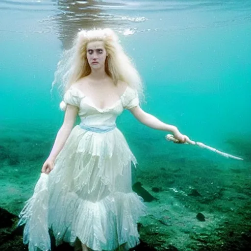 Prompt: A messy, white haired, (((happy))) elf princess (look like ((young Kate Winslet))), dressed in a frilly ((lace)), wedding dress, is ((holding a key)). Everything is underwater! and floating. Greenish blue tones, theatrical, (((underwater lights))), high contrasts, fantasy water color, inspired by John Everett Millais's Ophelia