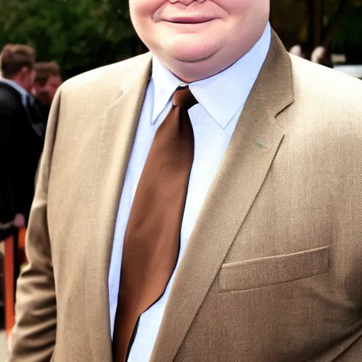 Image similar to Andy Richter is wearing a chocolate brown suit and necktie. Andy is standing outside in the bright sun. His face has an uncomfortable expression.