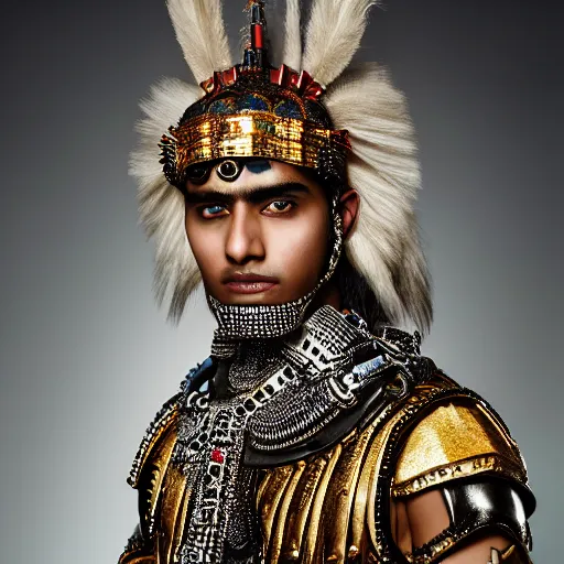 Prompt: a portrait of a beautiful indian young male wearing an alexander mcqueen armor made of robot parts , photographed by andrew thomas huang, artistic