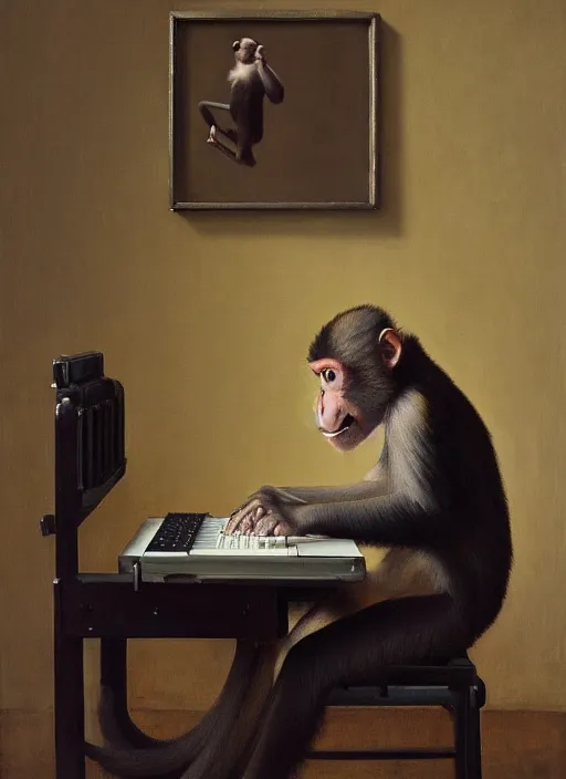 Image similar to medium shot, cinematic, cute realistic oil painted monkey is typing on the vintage keyboard, enhancements, soft lighting, by john ward, by arthur walker, by vermeer, by monet, oil on canvas, royal academy, masterpiece, trending on artstation, cinematic composition, dramatic pose, beautiful lighting, sharp, details, hyper - detailed, hd