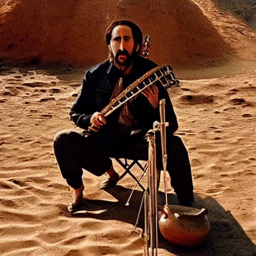 Image similar to Nicolas Cage as berber musicians, smoking hashish and playing string instruments in a dusty, sunny environment, a frame from an early star wars movie