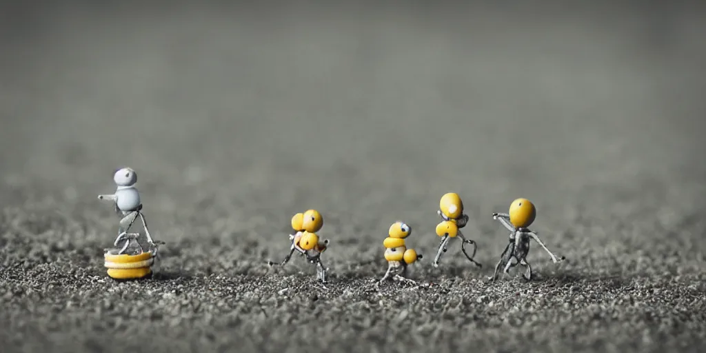 Image similar to macro photography of amazing tiny adorable nanobots in a kung fun battle in a macro ghost town