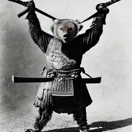 Image similar to “grizzly bear in full samurai armour, 1900’s photo”