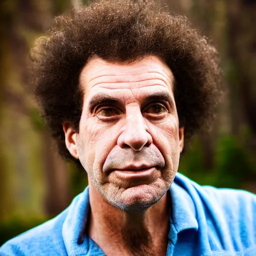 Prompt: portrait photograph, A man who looks indistinguishable from Cosmo Kramer, pensive, depth of field, bokeh