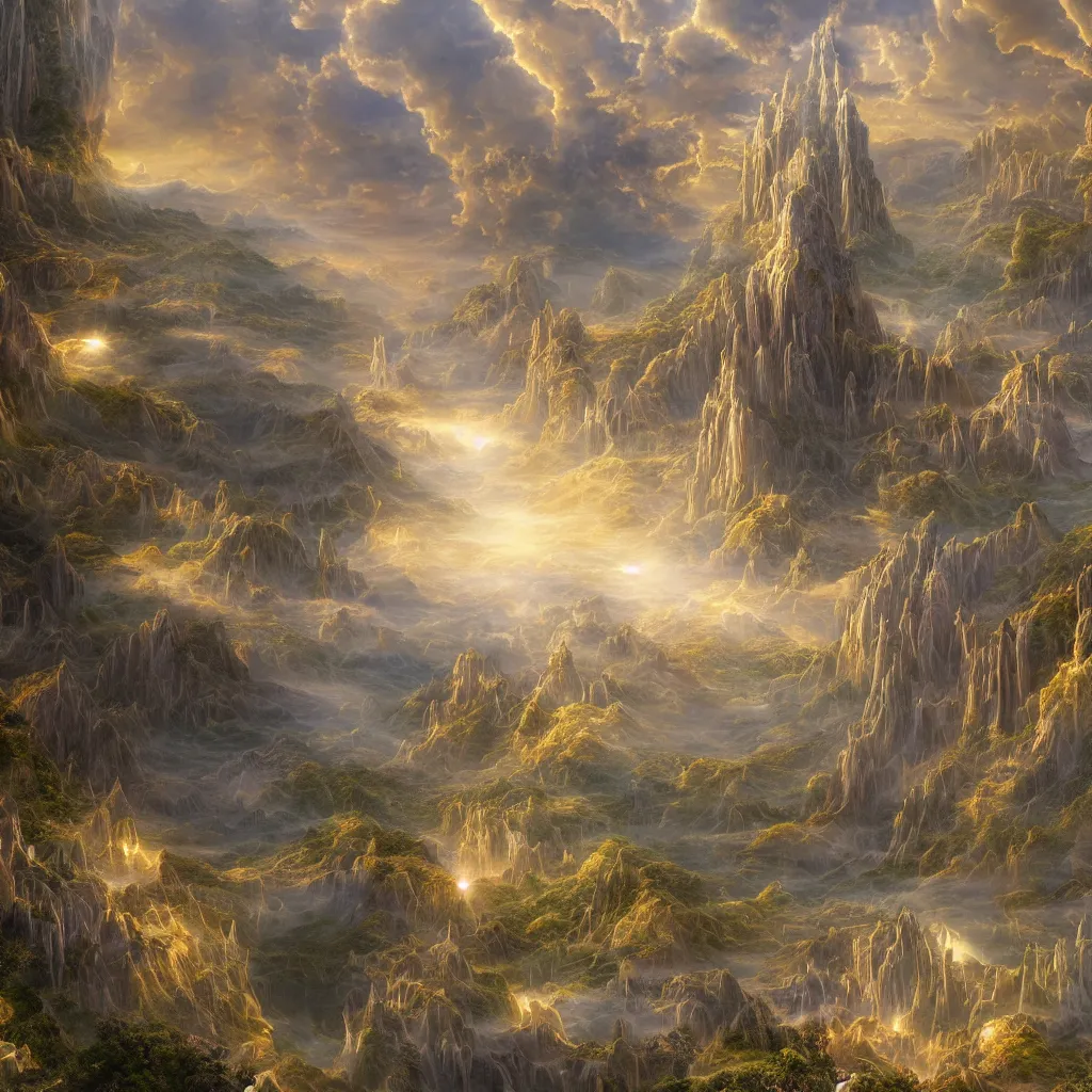 Prompt: a beautiful detailed matte painting of the spiritual world with elevated and high frequency beings, the forms are detailed but mutate in search of elevation and metaphysical transformation, 16K ultra-realistic 3D, crying engine