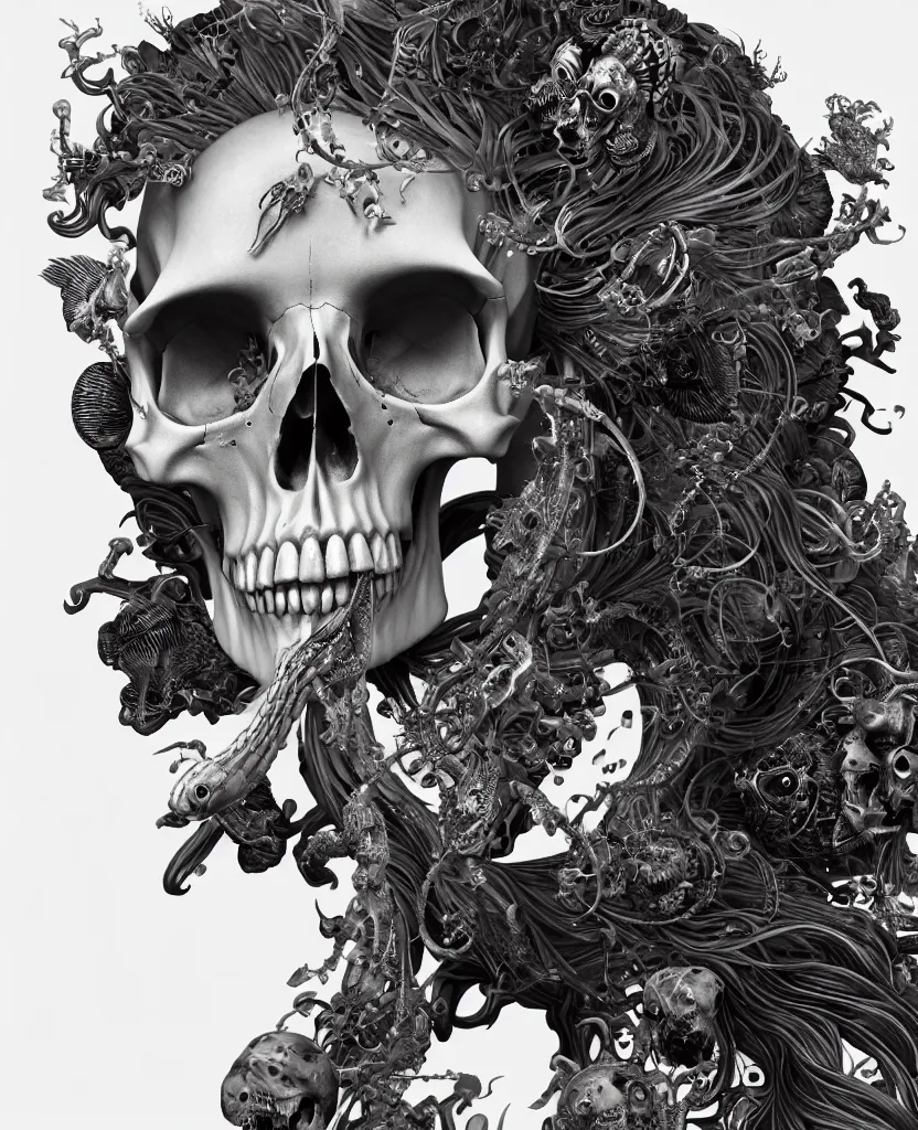 Image similar to goddess close-up portrait skull with mohawk, ram skull, skeleton, thorax, x-ray, backbone, jellyfish phoenix head, nautilus, orchid, skull, betta fish, bioluminiscent creatures, intricate artwork by Tooth Wu and wlop and beeple. octane render, trending on artstation, greg rutkowski very coherent symmetrical artwork. cinematic, hyper realism, high detail, octane render, 8k