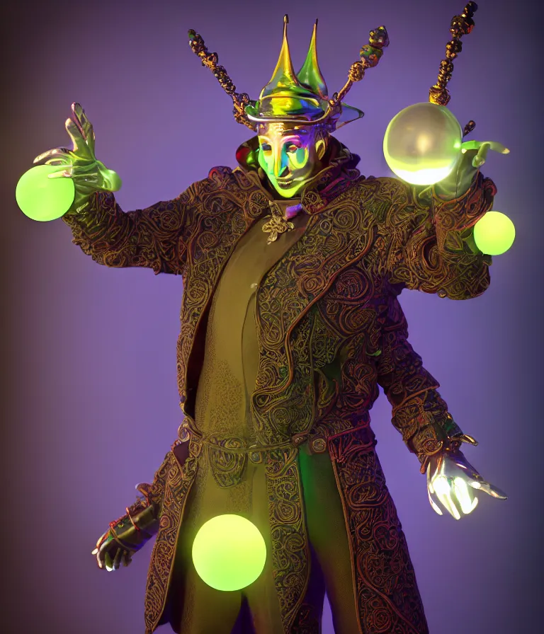 Image similar to front!!! shot of a court jester!!! character, hyperdimensional, bioluminescent hypercubes, dark holography!!!, future, chrome, (((intricate))), (octane render, nvidia raytracing demo), elegant, highly detailed, centered, (((artstation, concept art, smooth, sharp focus, artgerm, Tomasz Alen Kopera, Peter Mohrbacher, donato giancola, Joseph Christian Leyendecker, WLOP, Boris Vallejo))), mugshot!!!!!, ugly!!!!!!, octane render, nvidia raytracing demo, octane render, nvidia raytracing demo, octane render, nvidia raytracing demo, grainy, muted, 8K, digitalblasphemy, metatron