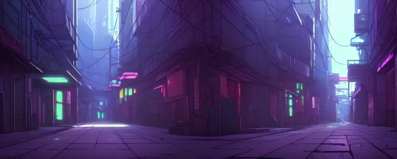 Image similar to city alleyway in the atmospheric cyberpunk anime film, gouache matte background painting, neon noir, at night with lights, by makoto shinkai, in the anime series ergo proxy, beautiful specular edge highlights and rim lighting