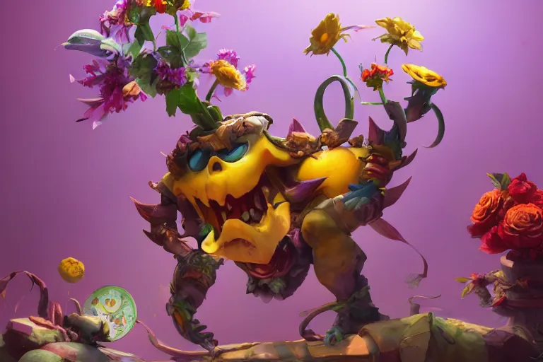 Image similar to a cartoony flowers, various items, in the style of Rayman origins, michael ancel, Ruan Jia and Mandy Jurgens and Greg Rutkowski, trending on Artstation, award winning, unreal engine, octane render H 1024