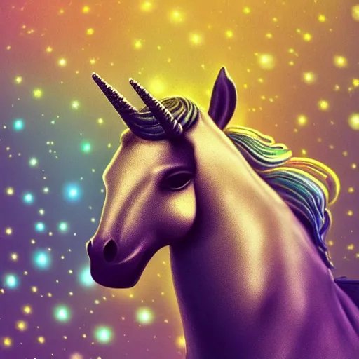 Image similar to gold rainbow unicorn horse god, bokeh, godrays, photorealistic, hyper realistic