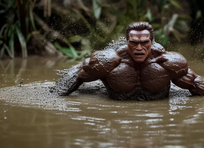 Prompt: photo of schwarzenegger waterbending mud at predator. highly detailed 8 k. intricate. lifelike. soft light. sony a 7 r iv 5 5 mm. cinematic post - processing