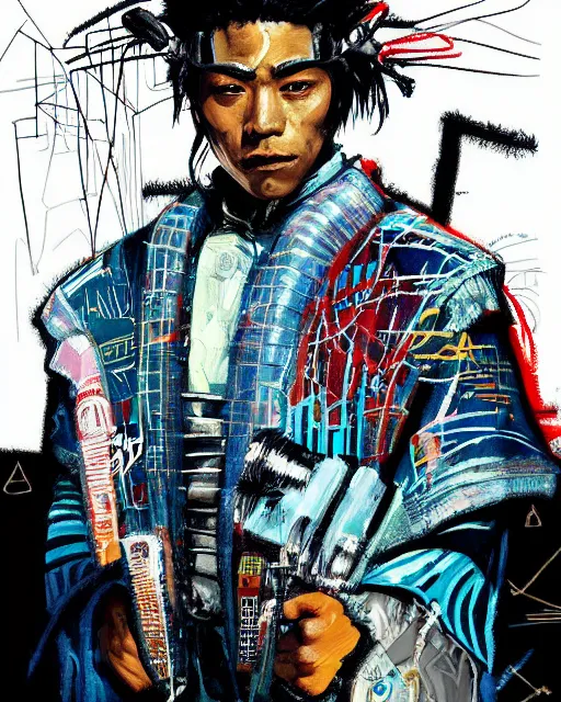 Prompt: a cyberpunk portrait of a samurai warrior by jean - michel basquiat, by hayao miyazaki by artgerm, highly detailed, sacred geometry, mathematics, snake, geometry, cyberpunk, vibrant, water