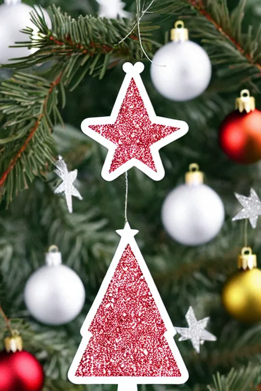 Prompt: flat sticker scandi christmas tree with kitsch glitzy baubles and stars and christmas robin bird decorations, silver pink white red mood, smooth sharp focus