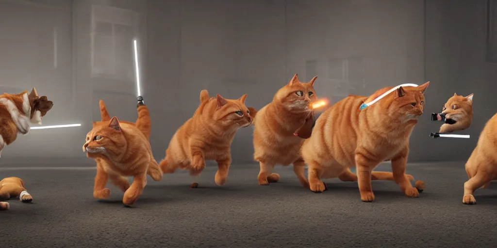 Prompt: Fat orange tabby cat fighting a pack of dogs with a light saber, digital art, octane render, trending on DeviantArt, 8k