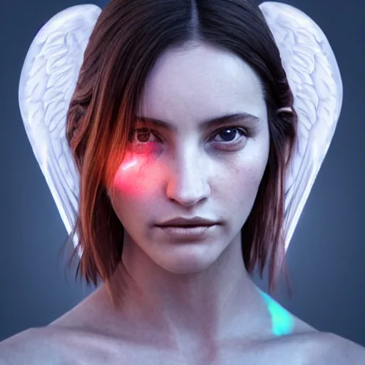 Image similar to portrait art of female angel, art by alessio albi 8 k ultra realistic, angel wings, lens flare, atmosphere, glow, detailed, intricate, full of colour, led lighting, trending on artstation, 4 k, hyperrealistic, 3 5 mm, focused, extreme details, unreal engine 5, masterpiece