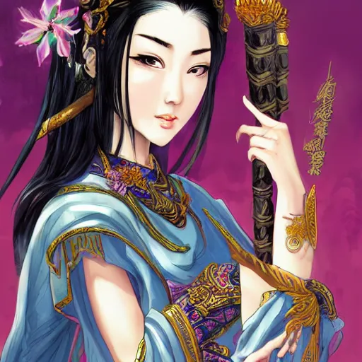 Prompt: ancient asian dynasty princess, three kingdom, dynasty warriors, cute face, standing in an oasis in the desert, comics, beautiful, elegant, headshot, long black hair, digital painting, smooth, concept art, art by hirohiko araki