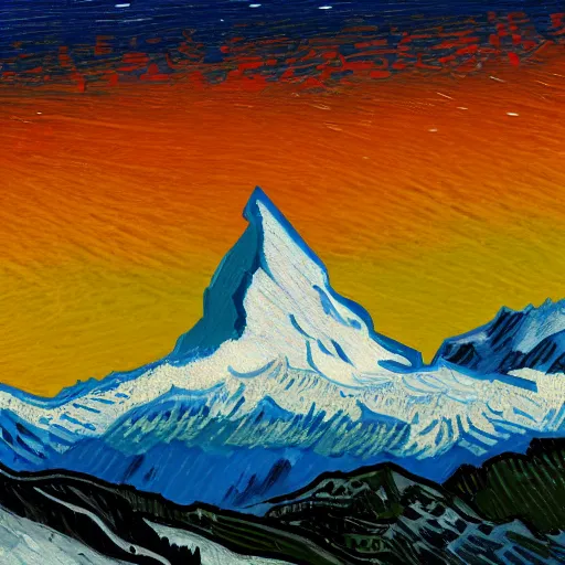 Prompt: an abstract representation of the matterhorn in winter, sunset, artstation, by van gogh