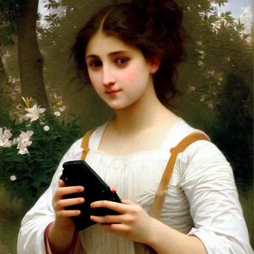 Image similar to teenage girl playing on her nintendo switch, painting by adolphe bouguereau, hyper detailed,