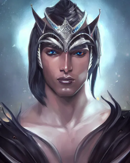 Prompt: a handsome noble male dark elf, obsidian skin, jewels, gemstones, silk, fantasy, intricate, elegant, highly detailed, digital painting, artstation, concept art, sharp focus, illustration