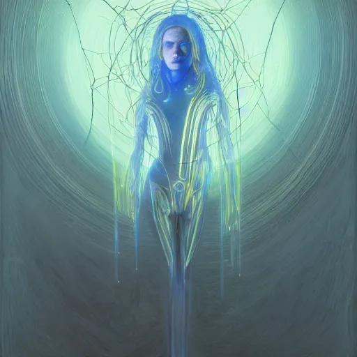 Image similar to Portrait Masterpiece, Wanda Maximoff, dynamic pose, glowing, wires everywhere, by Edgar Maxence and Ross Tran, Zdzisław Beksiński, and Michael Whelan, distant, gustav dore, H.R. Giger, 8k, octane render