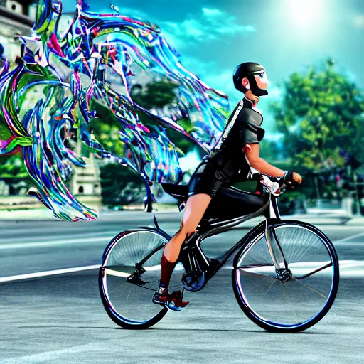 Prompt: albert hofmann riding a dj super bike step thru to work 4 k photorealism