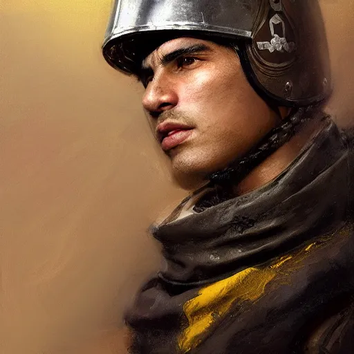 Image similar to Medium shot young idealistic and pious homely male Imperial soldier wearing a {black and yellow tabard} over a brown gambeson and a {realistic steel helm!!!!!}, by Raymond Swanland Greg Rutkowski Lise Deharm, {perfect face}, {perfect eyes}, {uncertain look}, {on edge}