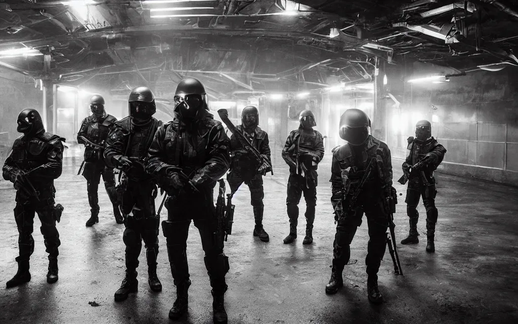 Prompt: two groups of thugs with black tactical outfits and weapons are making a trade of glowing technology, inside a dim lit warehouse with wet floor, futuristic space western aesthetic, cinematic composition, cinematic colors, 3 5 mm film, roger deakins style, realistic film, imax quality