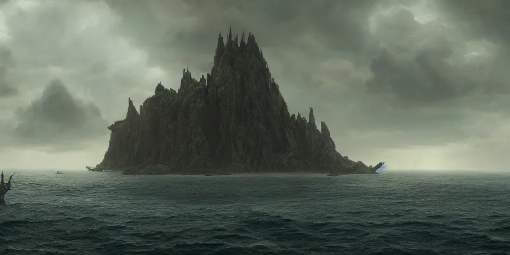 Image similar to screenshot from a movie, epic matte painting of an island, cinematic cinematography masterpiece, greg rutkowski, and ivan aivazovski, roger deakins, giger